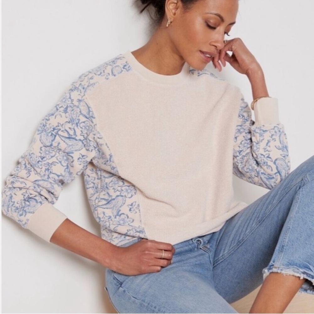 Sundry By Anthropologie Blue Paisley Sweatshirt in Terry Oatmeal Size 1 (Small)